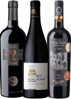 Rasch Vin Anbefaler: Rødvinsfavoritter – Vinpakke 3x75 cl. (1x Boislauzon Rhône Villages, 1x Nerio Riserva, 1x Ubalinda Reserva)