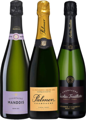 Frugtig Champagne Til Rette Pris – Vinpakke 3x75 cl. (1x Palmer & Co La Réserve Demi-Sec, 1x Champagne Mandois Demi Sec, 1x Nicolas Réserve Exclusive Demi-Sec)