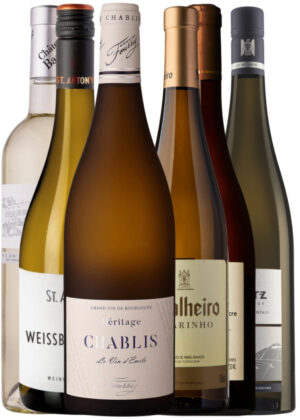 Til Fisk & Skaldyr - Vinpakke 6x75 cl. ( 1x Héritage Chablis, 1x Barbebelle Blanc, 1x Melon de Bourgogne, 1x Soalheiro Alvarinho, 1x Antony Weissburgunder, 1x Leitz Riesling)