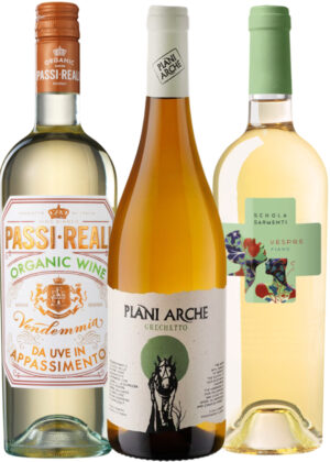 Italienske Hvide Hverdagsfavoritter - Vinpakke 3x75 cl. (1x Passi Reali Bianco, 1x Schola Sarmenti Fiano Bianco, 1x Plani Arche Grechetto)
