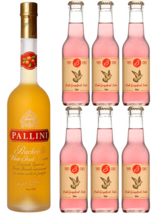 Pallini Pink Peachello - Bundle (1x50 cl. Pallini Peachcello + 6x20 cl. Three Cents Pink Grapefruit Soda)
